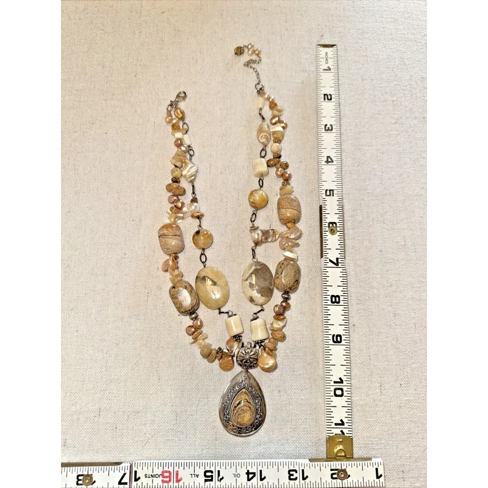 Vintage Sterling Silver Mother of Pearl Jasper‎ Necklace Womens OS Tan Bohemian